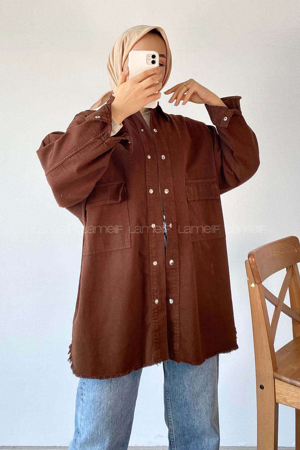 Modalamelif Önü ÇıtÇıt Düğmeli Çift Cepli Püskül Detaylı Ceket Acı Kahve