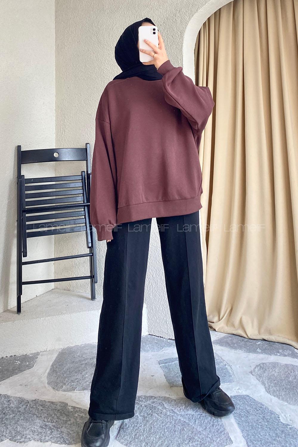 Modalamelif Bisiklet Yaka Oversize Sweat Kahverengi