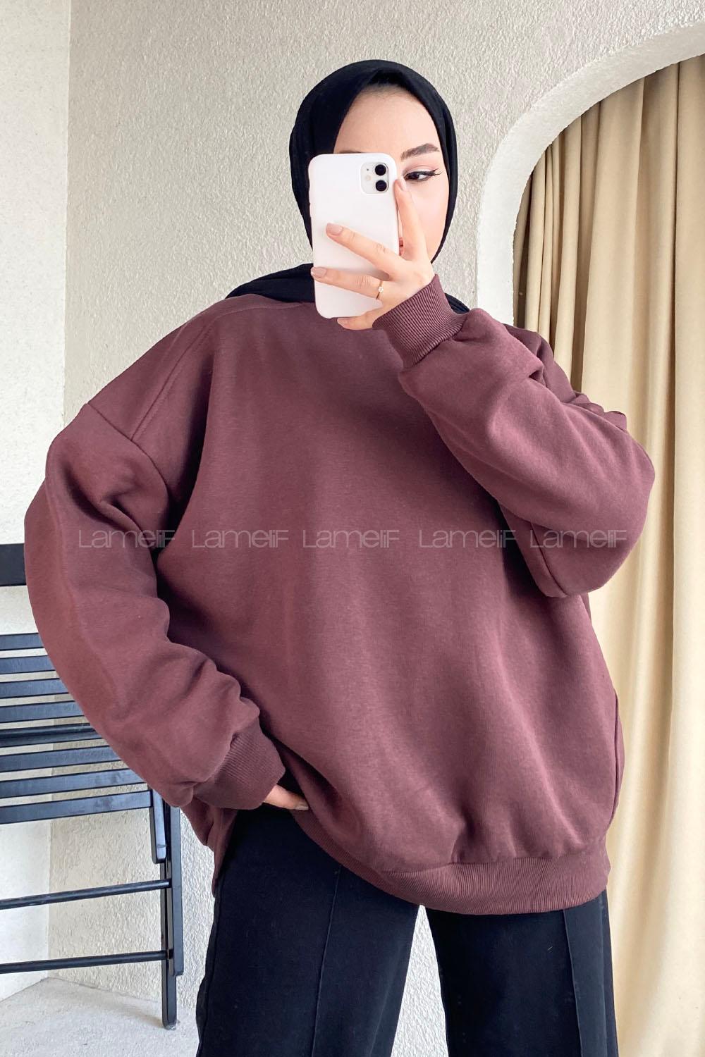 Modalamelif Bisiklet Yaka Oversize Sweat Kahverengi