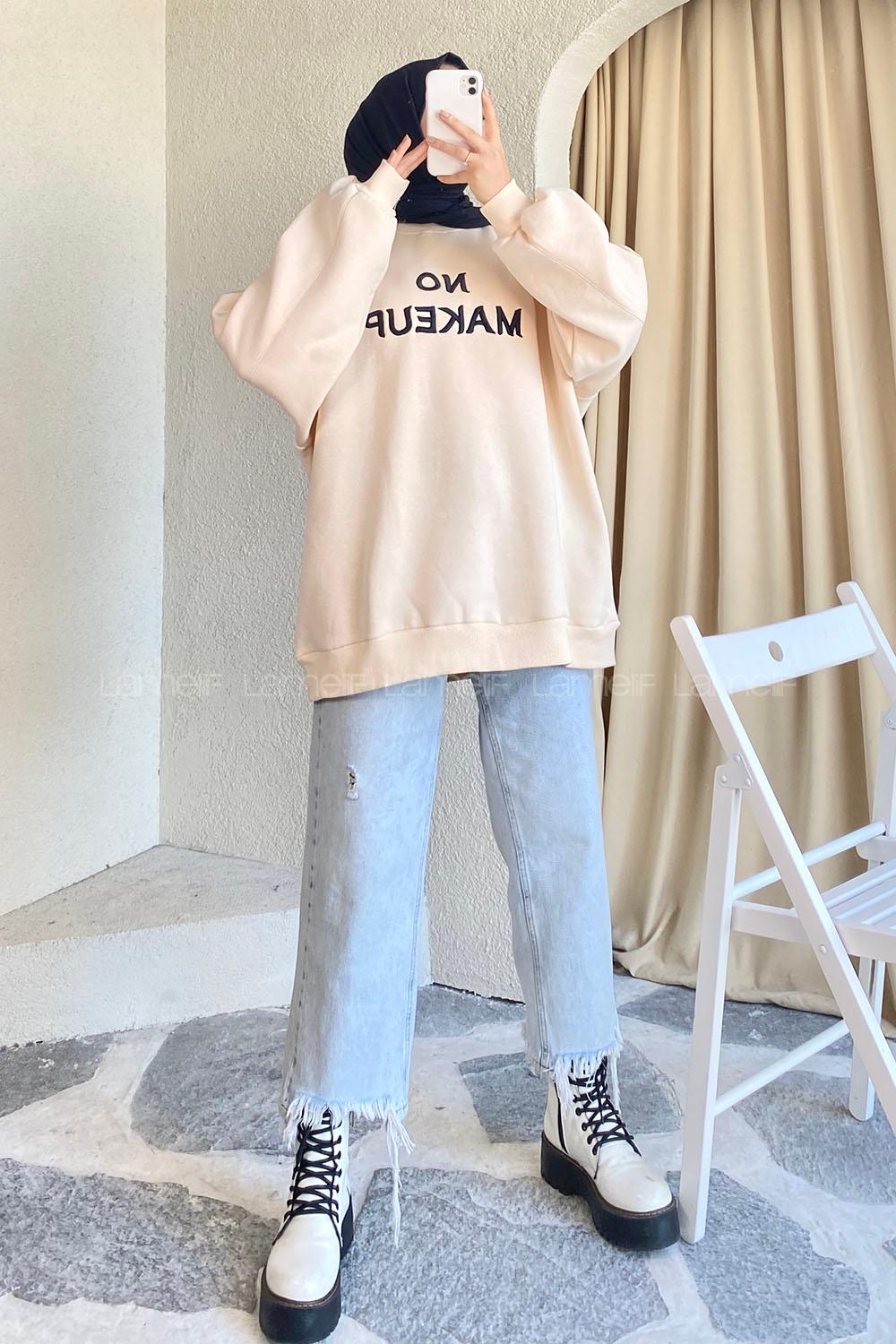 Modalamelif Bisiklet Yaka Yazı Nakışlı Oversize Sweat Krem