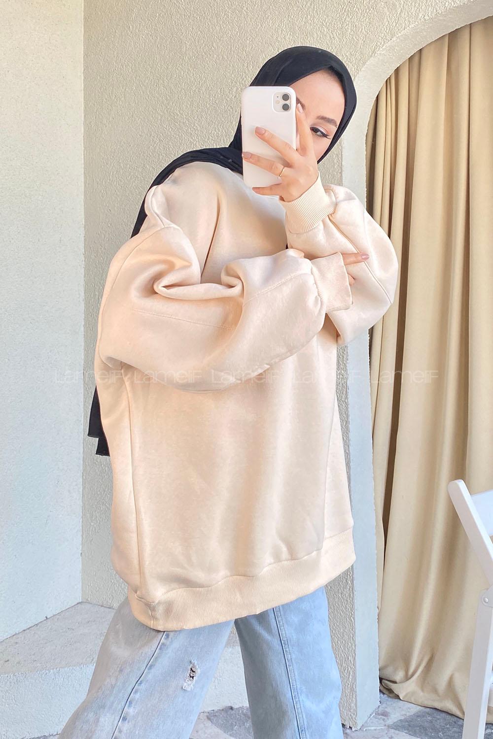Modalamelif Bisiklet Yaka Yazı Nakışlı Oversize Sweat Krem