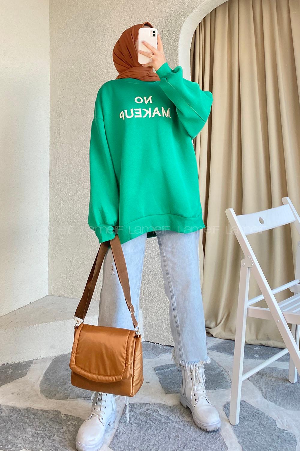 Modalamelif Bisiklet Yaka Yazı Nakışlı Oversize Sweat Yeşil