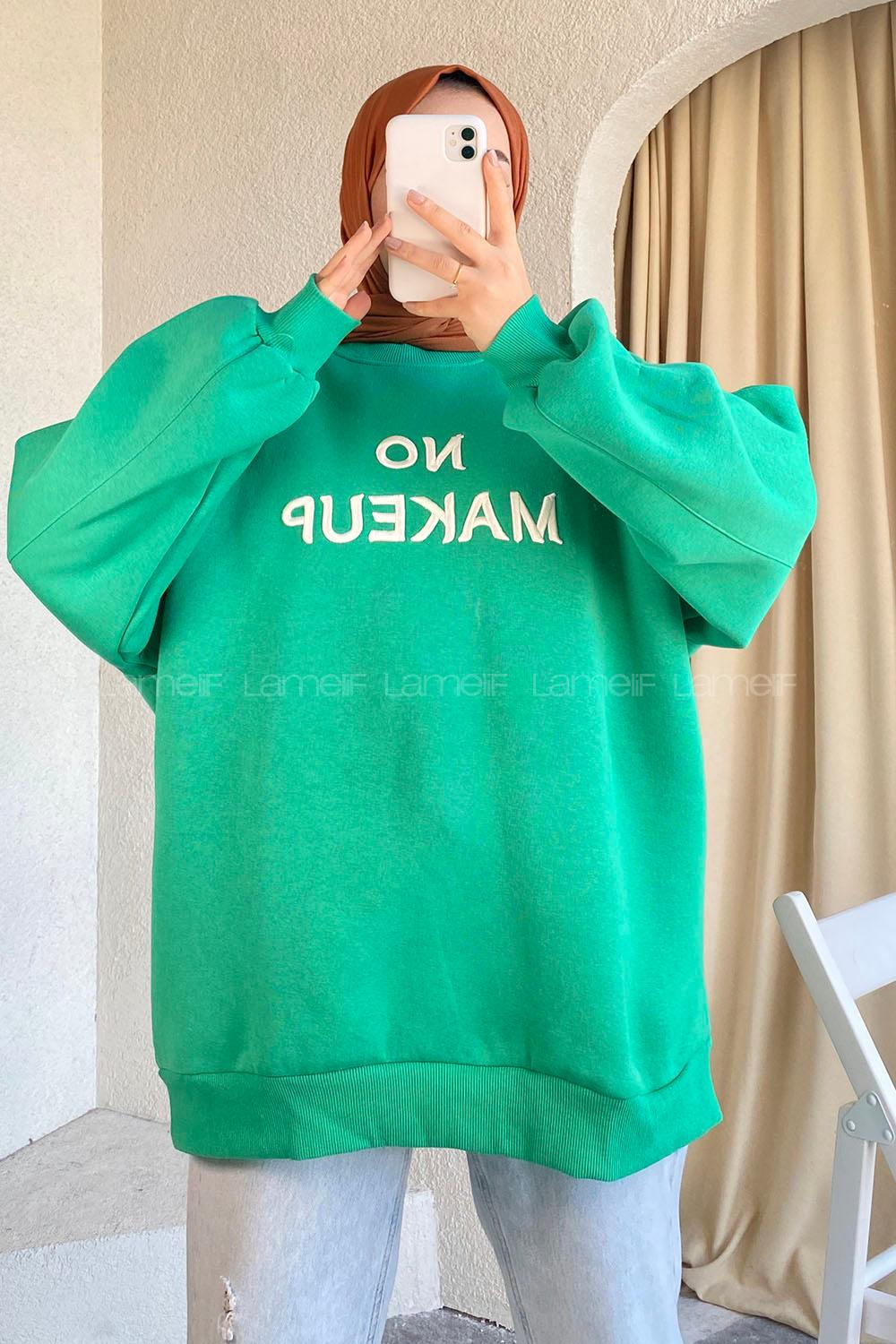 Modalamelif Bisiklet Yaka Yazı Nakışlı Oversize Sweat Yeşil