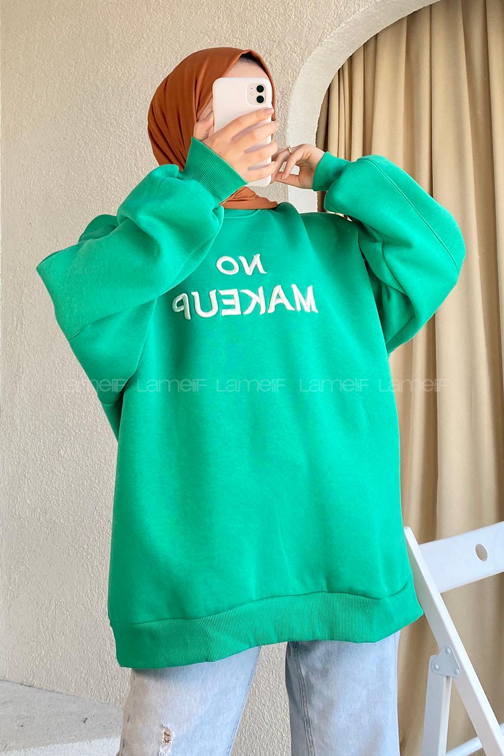 Modalamelif Bisiklet Yaka Yazı Nakışlı Oversize Sweat Yeşil