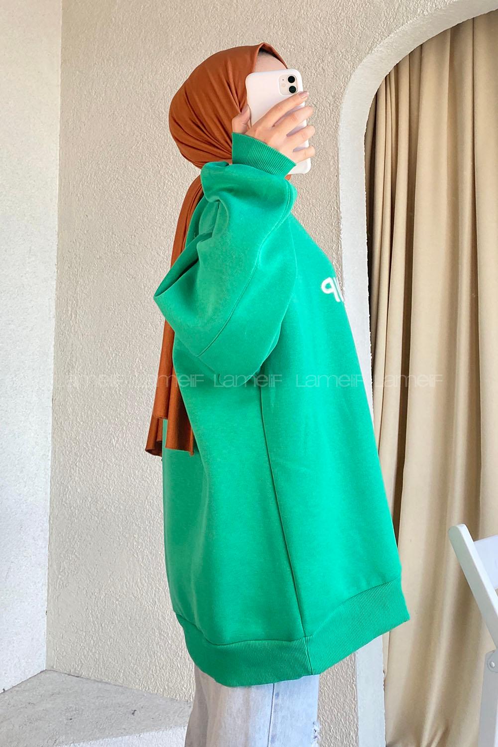 Modalamelif Bisiklet Yaka Yazı Nakışlı Oversize Sweat Yeşil