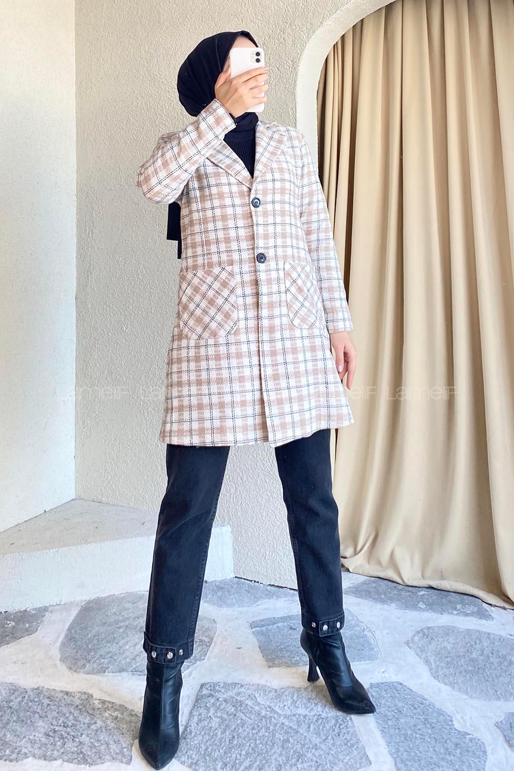 Modalamelif Çift Cepli Önü Düğmeli Kare Desen Kaban Sütlü Kahve