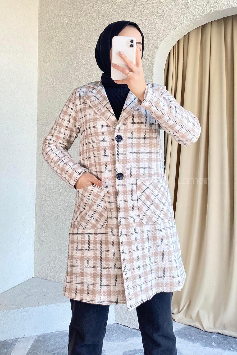 Modalamelif Çift Cepli Önü Düğmeli Kare Desen Kaban Sütlü Kahve