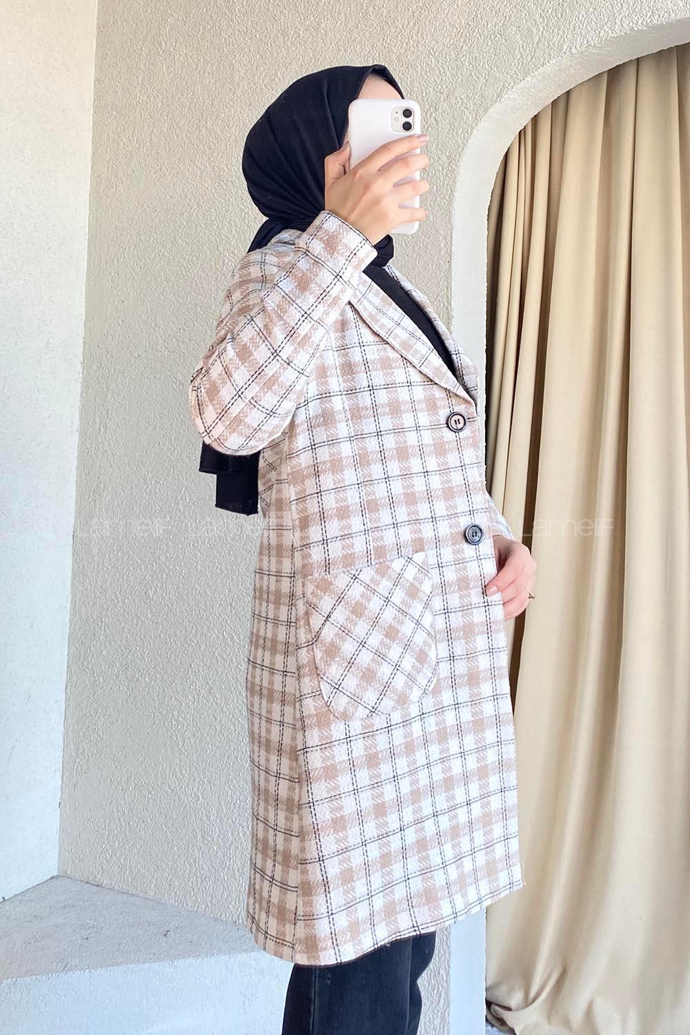 Modalamelif Çift Cepli Önü Düğmeli Kare Desen Kaban Sütlü Kahve