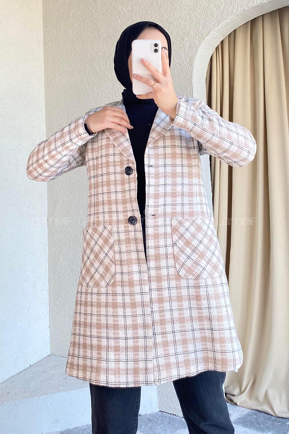 Modalamelif Çift Cepli Önü Düğmeli Kare Desen Kaban Sütlü Kahve