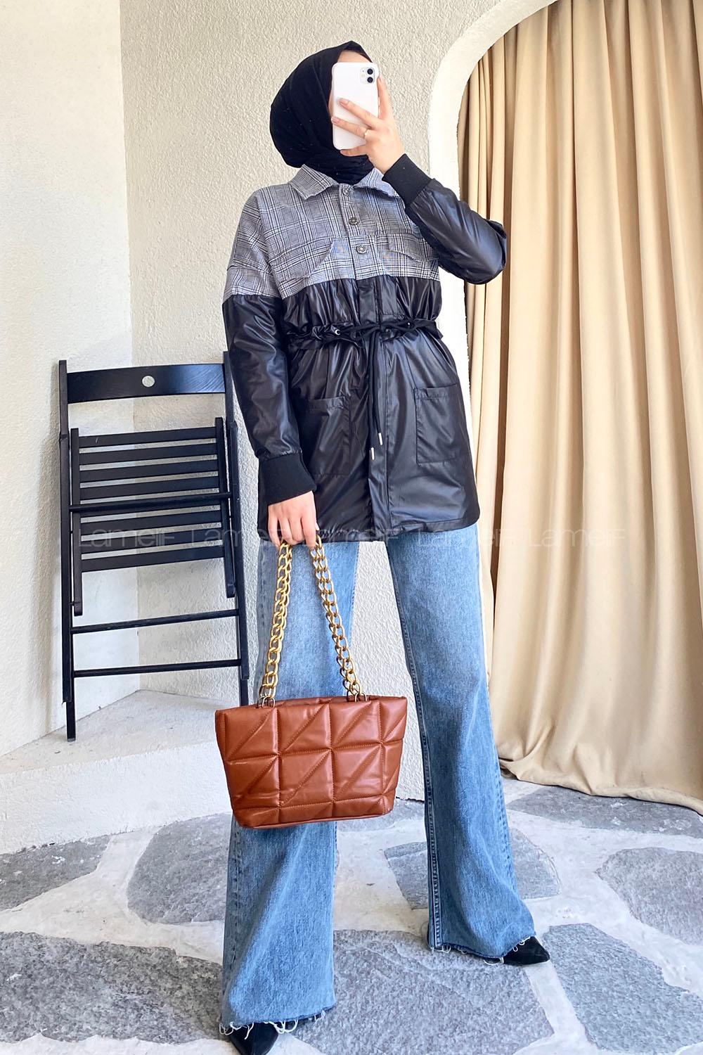 Modalamelif Gömlek Garnili Beli Tünelli Çift Cepli Ceket Ekru-Siyah