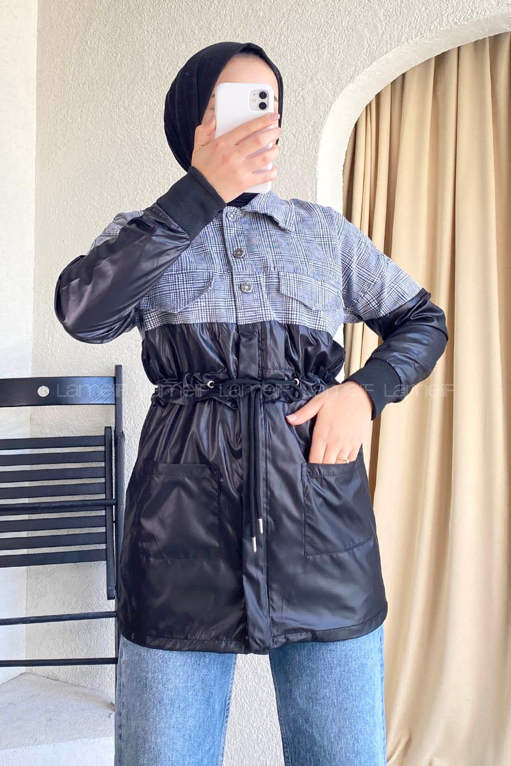 Modalamelif Gömlek Garnili Beli Tünelli Çift Cepli Ceket Ekru-Siyah