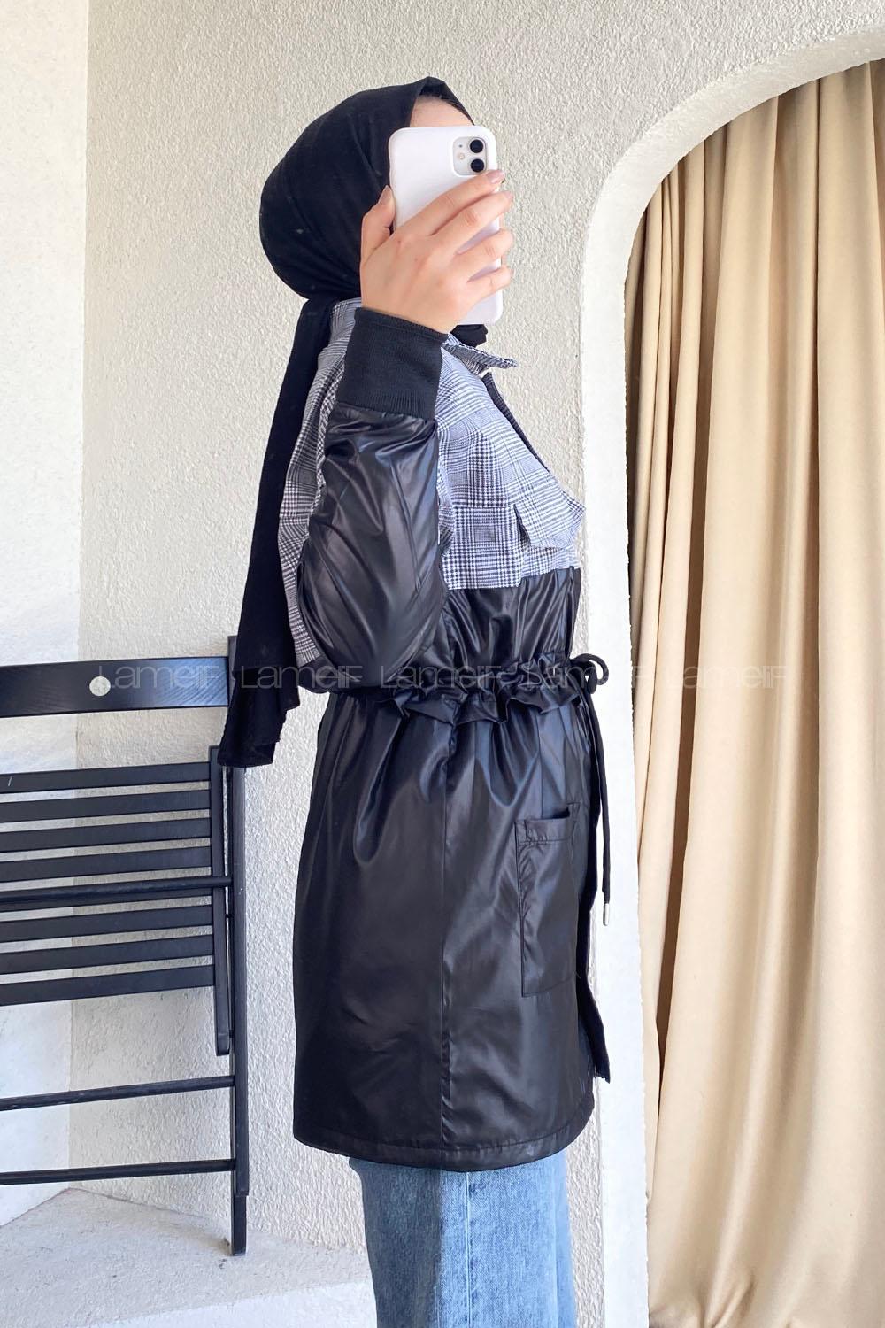 Modalamelif Gömlek Garnili Beli Tünelli Çift Cepli Ceket Ekru-Siyah