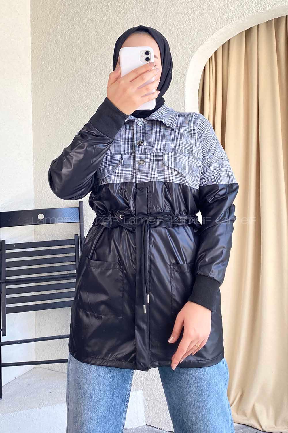 Modalamelif Gömlek Garnili Beli Tünelli Çift Cepli Ceket Ekru-Siyah