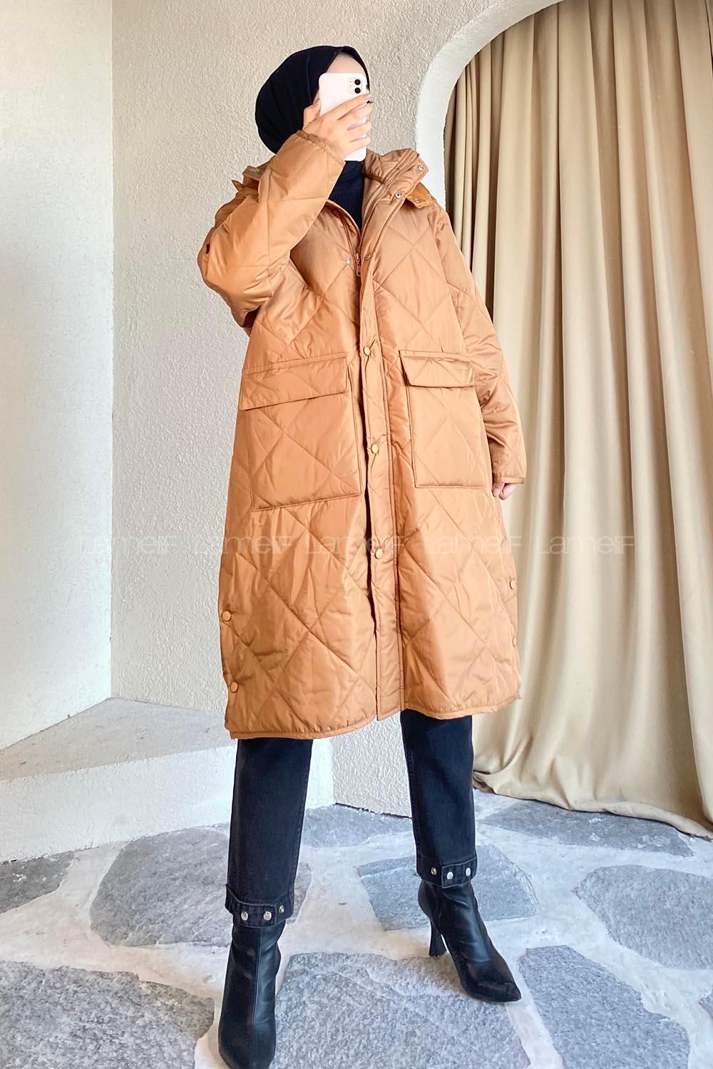 Modalamelif Kapüşon Detaylı Kapak Cepli Kapitone Mont Camel