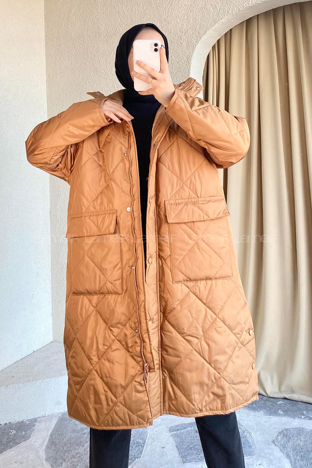 Modalamelif Kapüşon Detaylı Kapak Cepli Kapitone Mont Camel