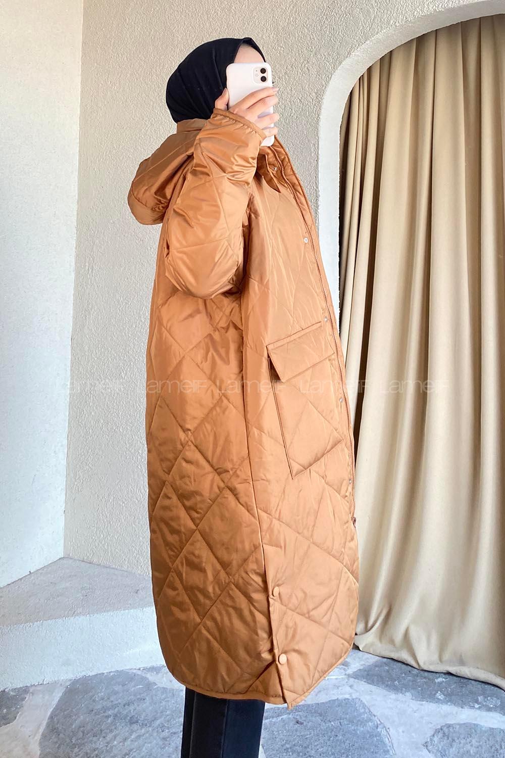 Modalamelif Kapüşon Detaylı Kapak Cepli Kapitone Mont Camel