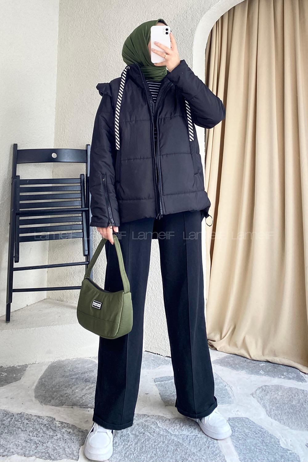 Modalamelif Kapüşon Detaylı Kol Fermuar Detaylı Yelek Mont Siyah