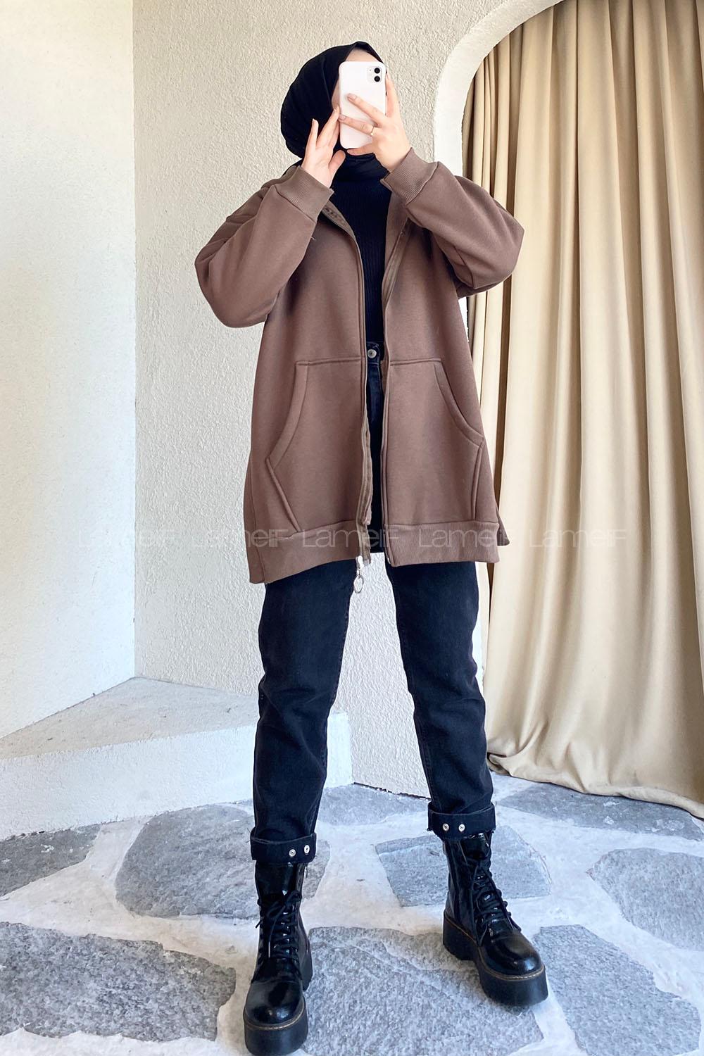 Modalamelif Kapüşon Yaka Yırtmaçlı Fermuar Detaylı Sweatshirt Acı Kahve