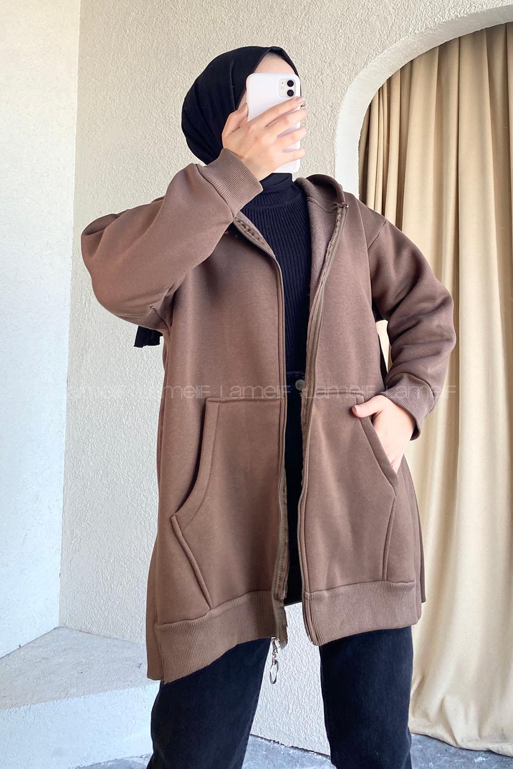 Modalamelif Kapüşon Yaka Yırtmaçlı Fermuar Detaylı Sweatshirt Acı Kahve