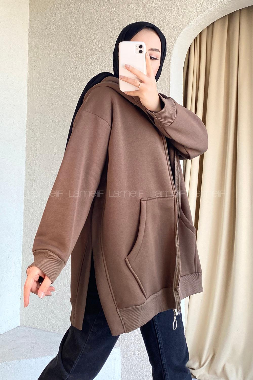 Modalamelif Kapüşon Yaka Yırtmaçlı Fermuar Detaylı Sweatshirt Acı Kahve