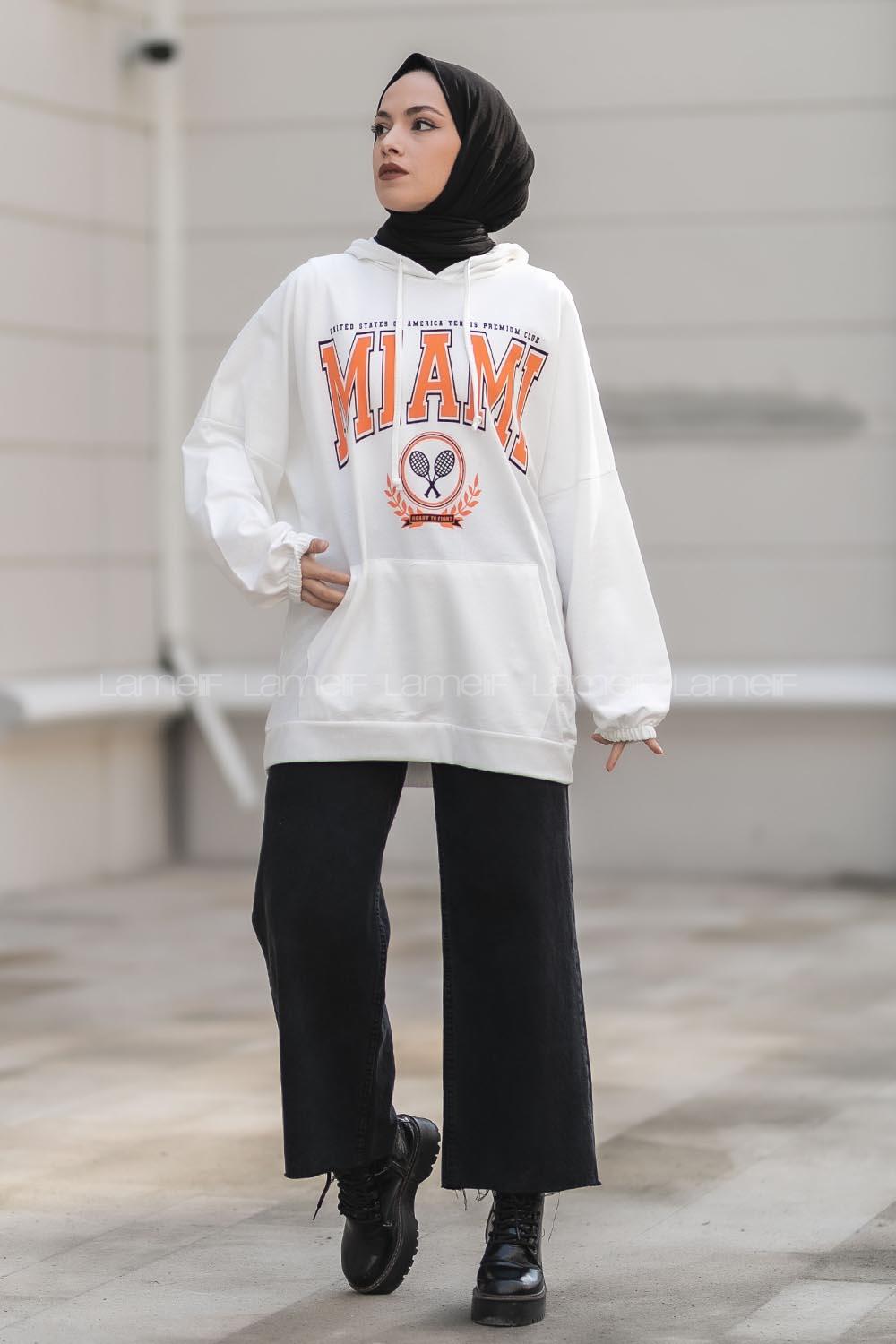 Modalamelif Kapüşonlu Miami Baskı Detaylı Sweat Beyaz