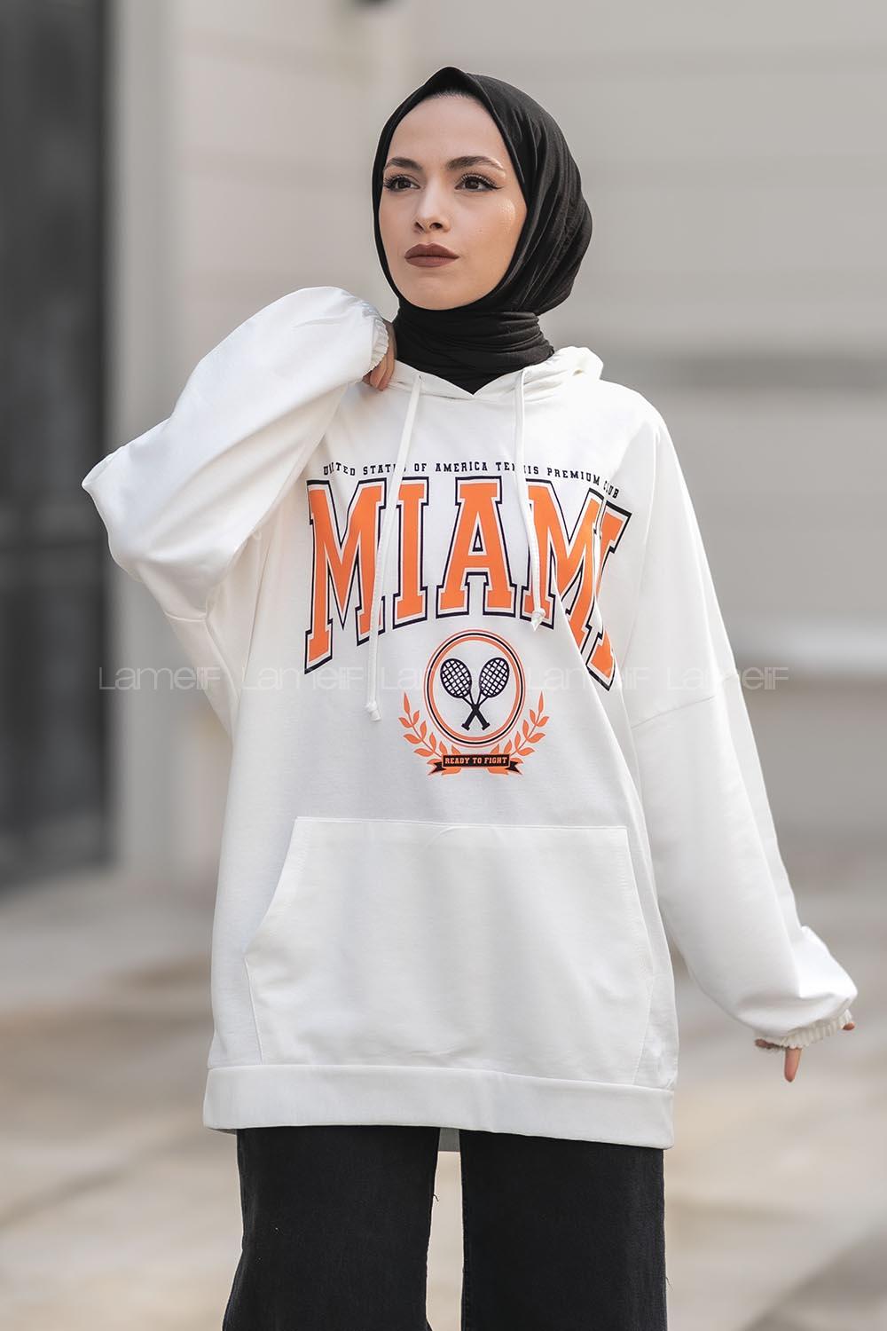 Modalamelif Kapüşonlu Miami Baskı Detaylı Sweat Beyaz