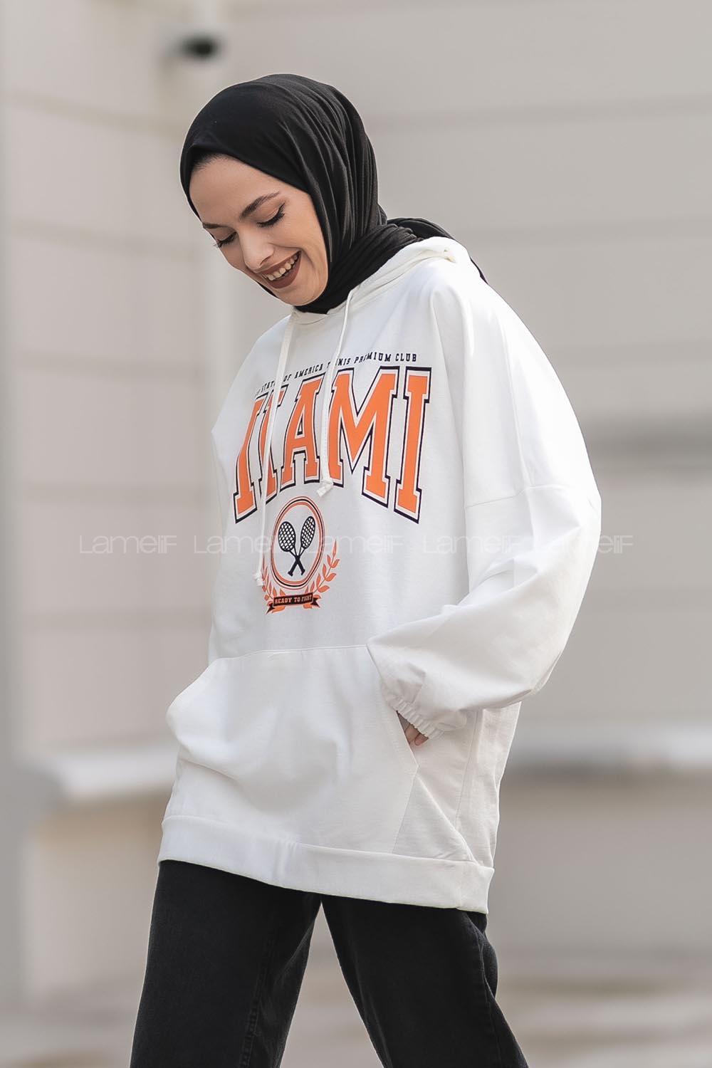 Modalamelif Kapüşonlu Miami Baskı Detaylı Sweat Beyaz