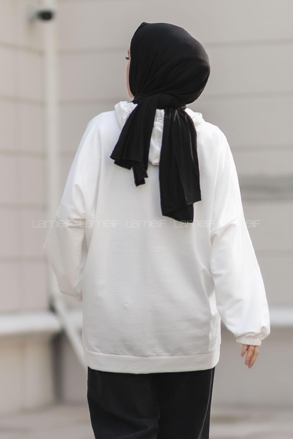 Modalamelif Kapüşonlu Miami Baskı Detaylı Sweat Beyaz