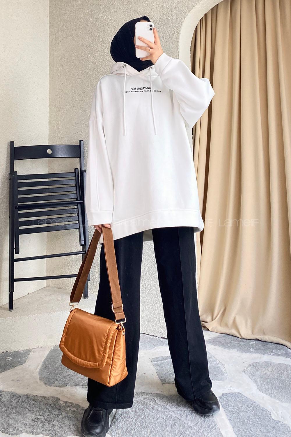 Modalamelif Kapüşonlu Yazı Baskılı Sweatshirt Beyaz