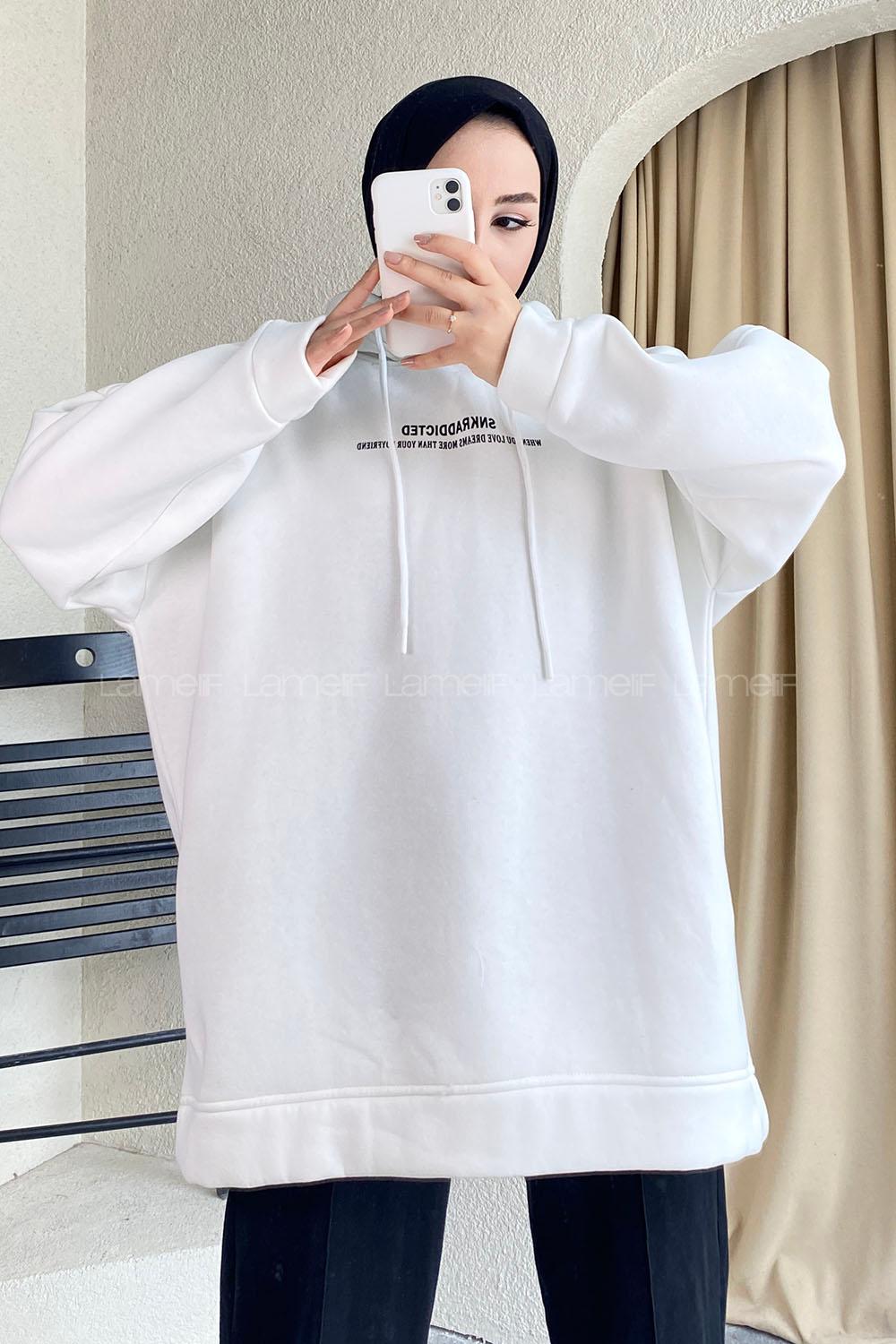Modalamelif Kapüşonlu Yazı Baskılı Sweatshirt Beyaz
