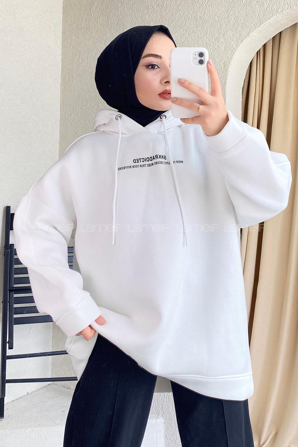 Modalamelif Kapüşonlu Yazı Baskılı Sweatshirt Beyaz
