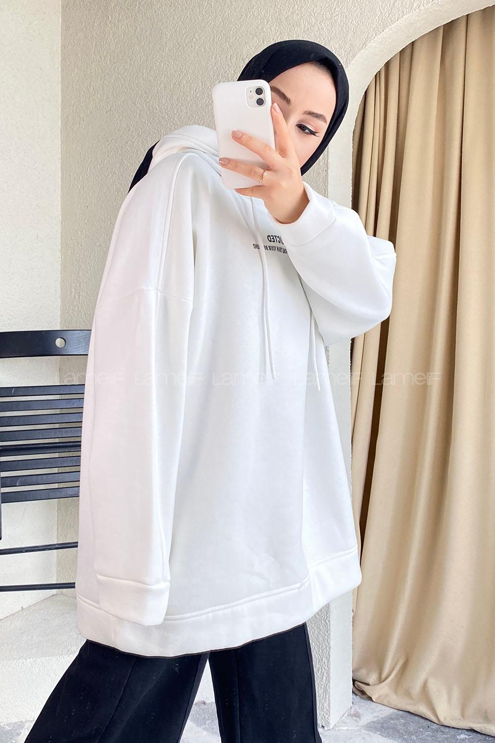 Modalamelif Kapüşonlu Yazı Baskılı Sweatshirt Beyaz