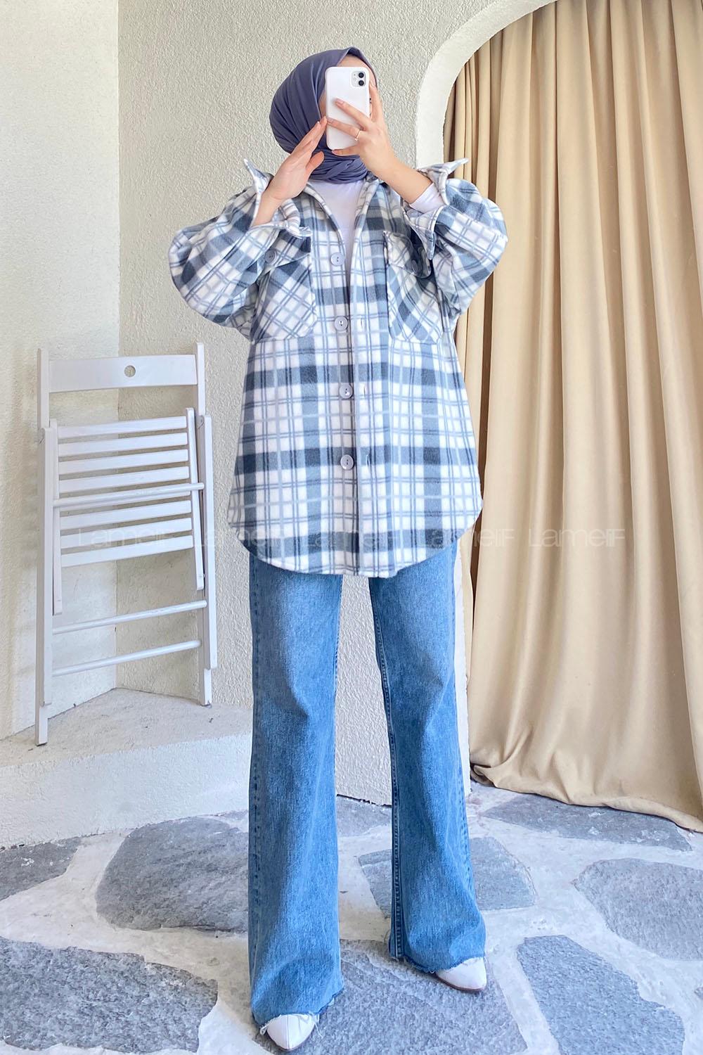 Modalamelif Önü Boydan Düğmeli Kapak Cepli Polar Ekose Gömlek Gri