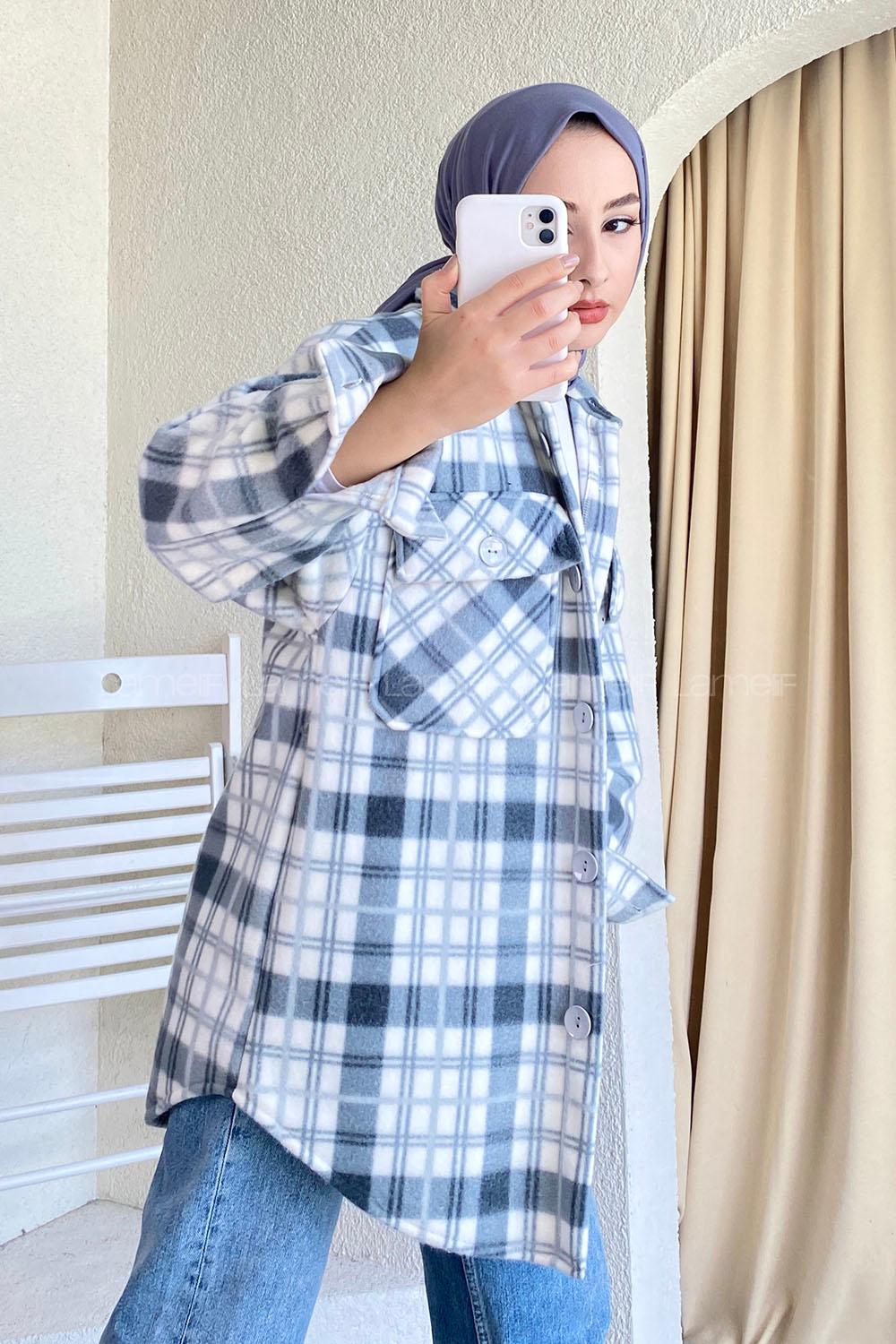 Modalamelif Önü Boydan Düğmeli Kapak Cepli Polar Ekose Gömlek Gri