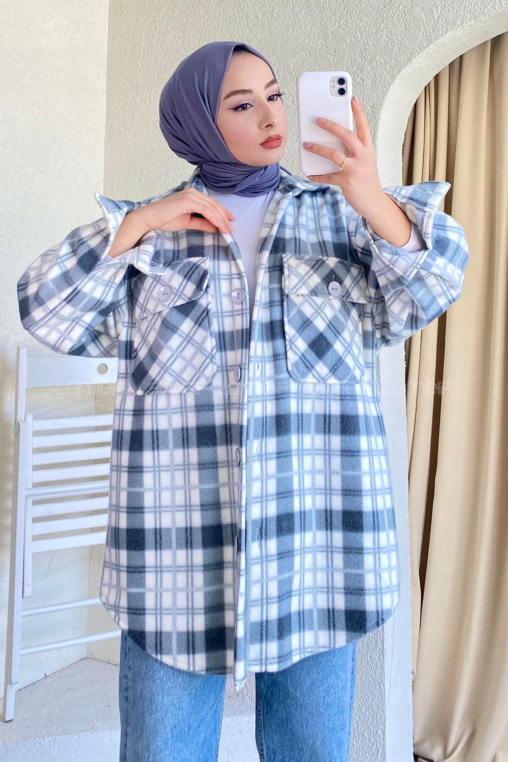 Modalamelif Önü Boydan Düğmeli Kapak Cepli Polar Ekose Gömlek Gri