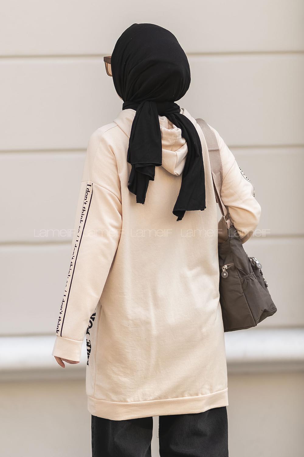 Modalamelif Still Don t  Yazı Baskılı Kapüşon Detaylı Sweat Bej