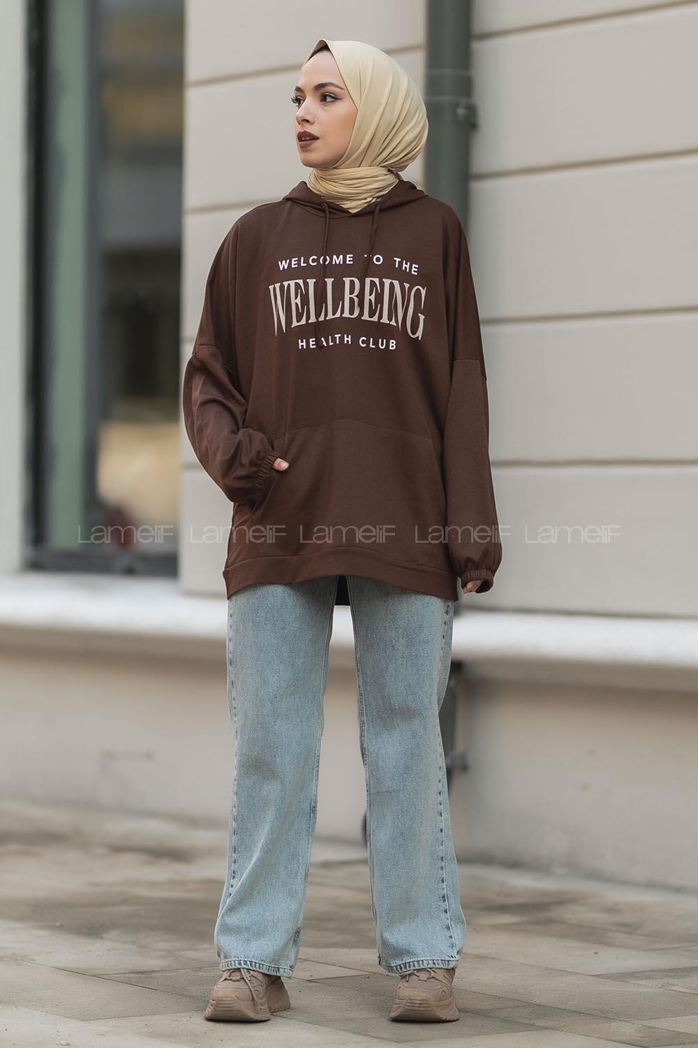 Modalamelif Kapüşon Detaylı Well Being Yazı Baskılı Kanguru Cepli Sweat Acı Kahve