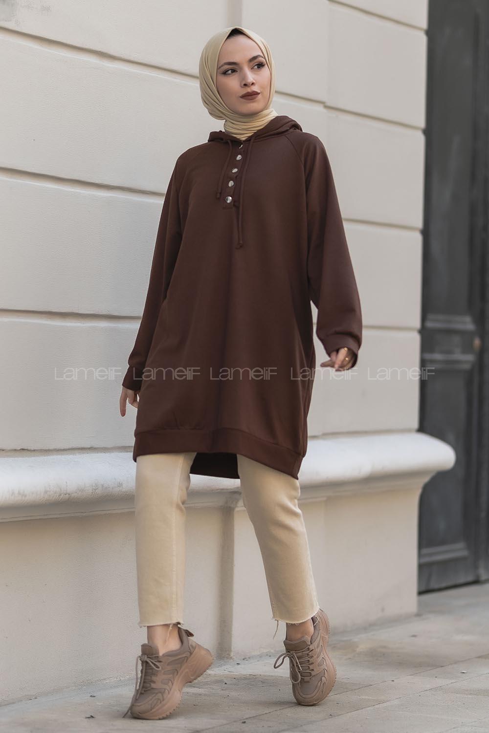 Modalamelif Kapüşonlu Yarım Çıtçıt Düğmeli Tunik Acıkahve