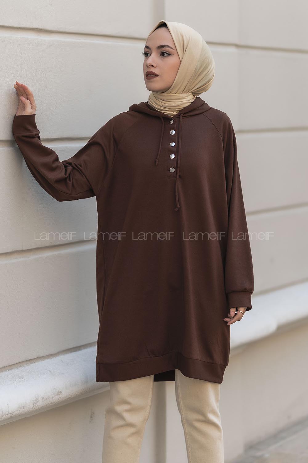 Modalamelif Kapüşonlu Yarım Çıtçıt Düğmeli Tunik Acıkahve