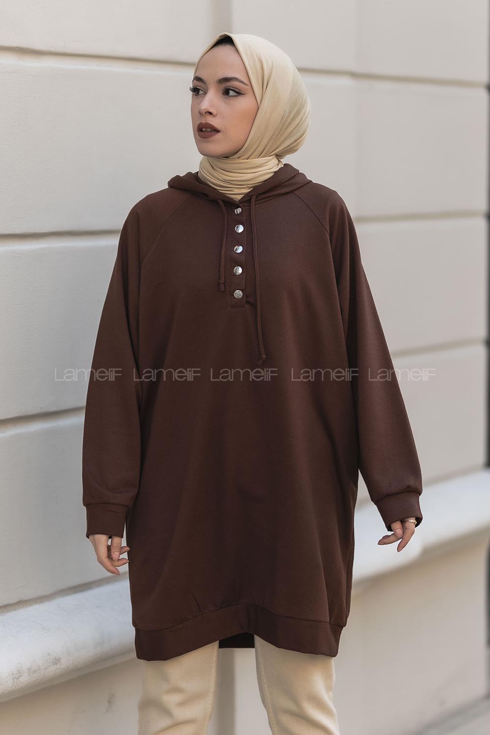 Modalamelif Kapüşonlu Yarım Çıtçıt Düğmeli Tunik Acıkahve