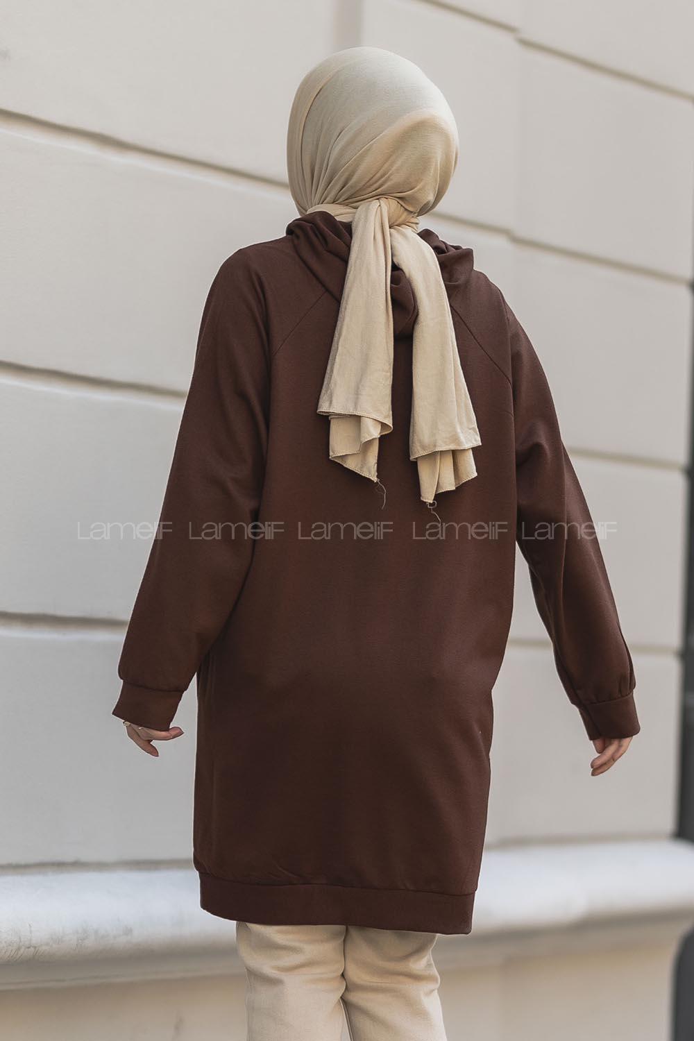 Modalamelif Kapüşonlu Yarım Çıtçıt Düğmeli Tunik Acıkahve