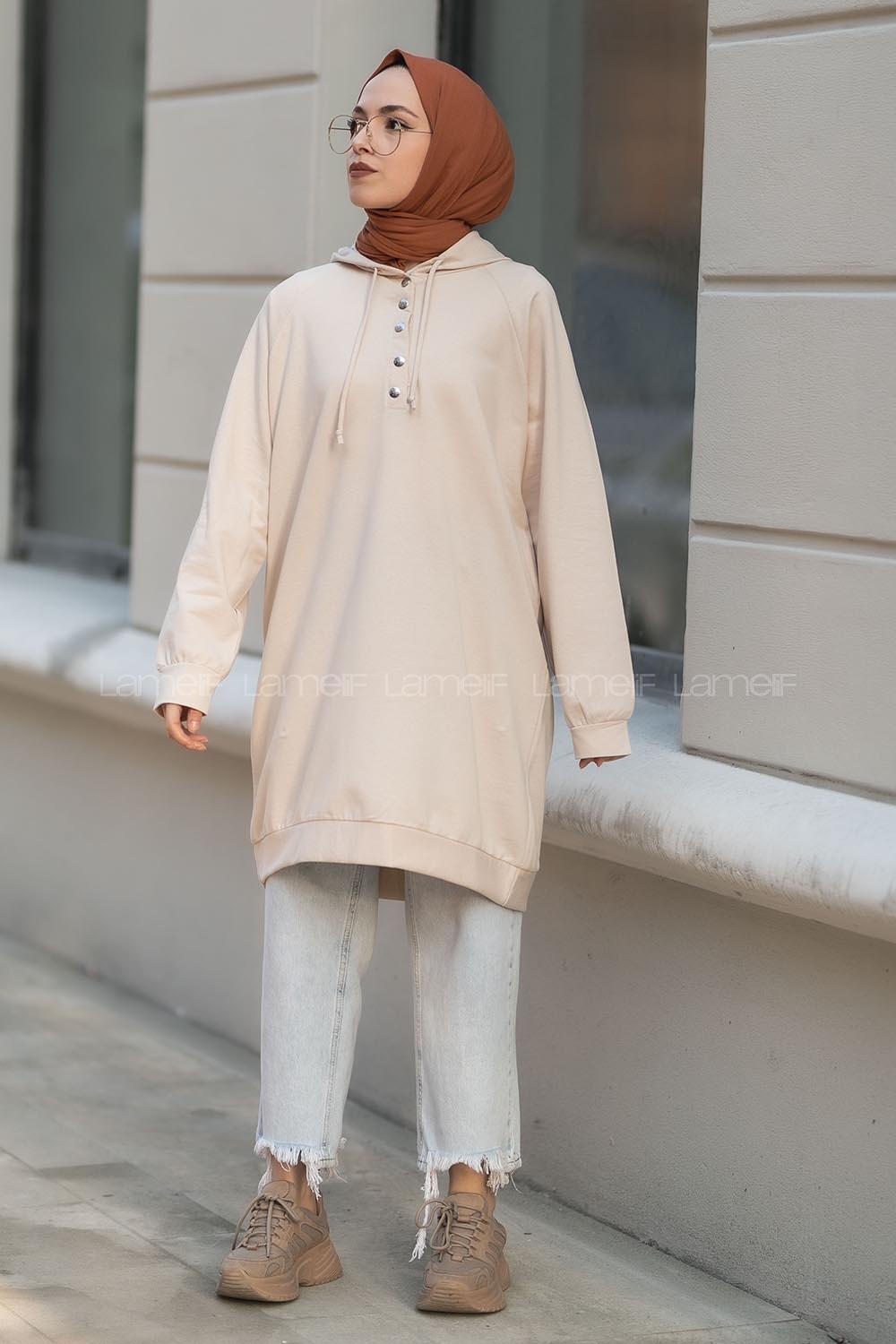 Modalamelif Kapüşonlu Yarım Çıtçıt Düğmeli Tunik Bej