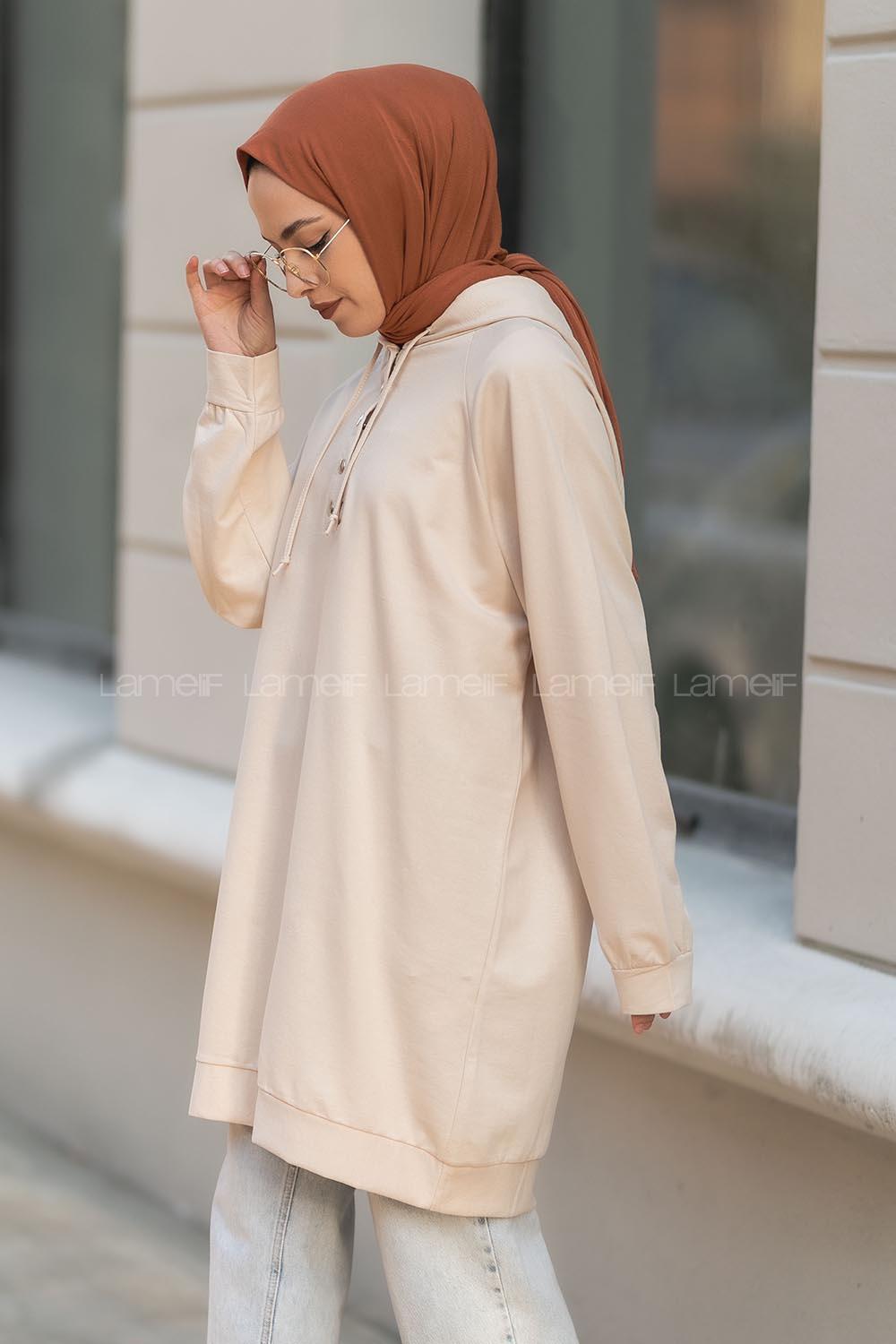 Modalamelif Kapüşonlu Yarım Çıtçıt Düğmeli Tunik Bej