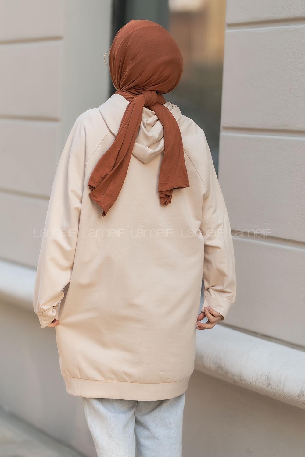 Modalamelif Kapüşonlu Yarım Çıtçıt Düğmeli Tunik Bej