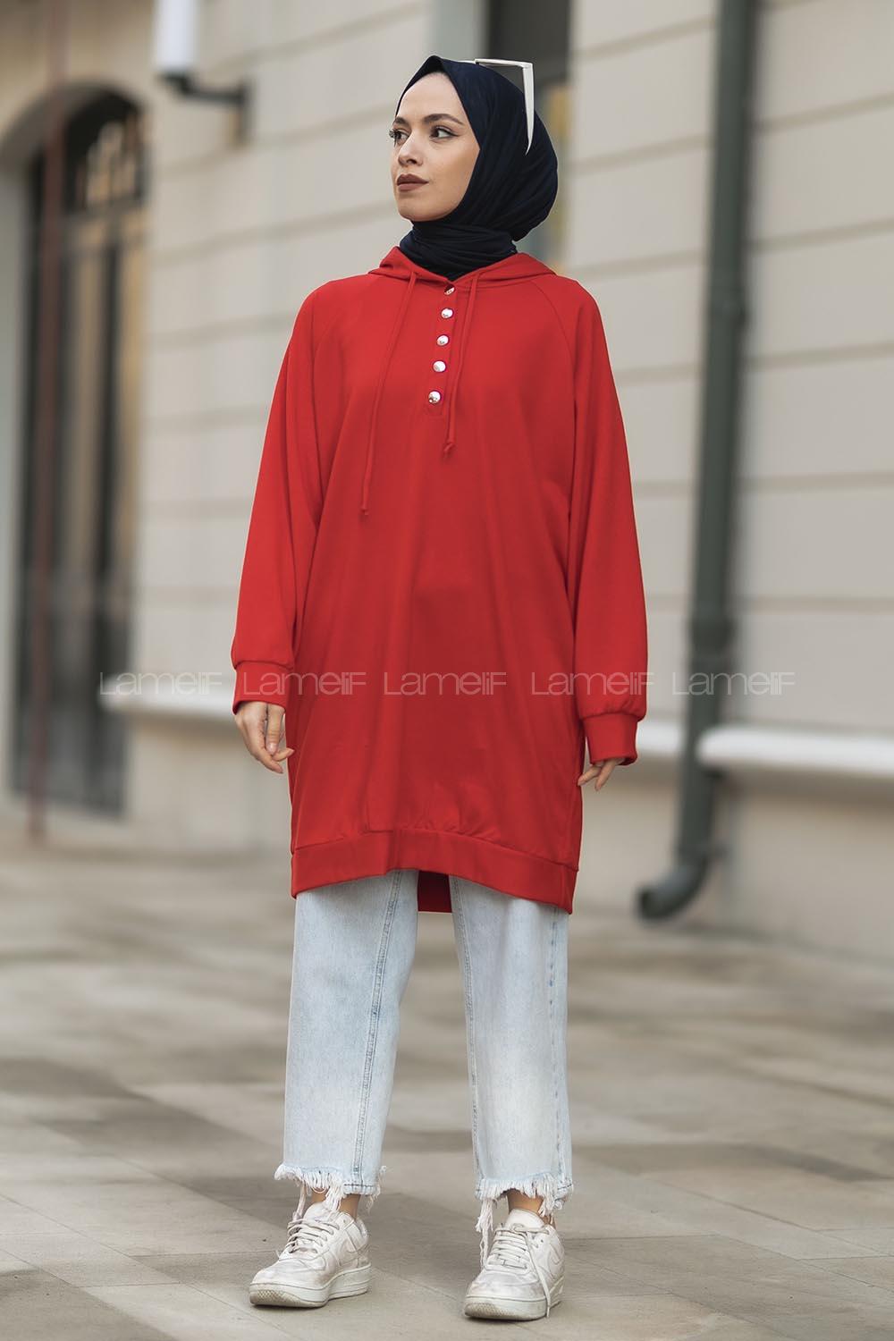 Modalamelif Kapüşonlu Yarım Çıtçıt Düğmeli Tunik Kırmızı