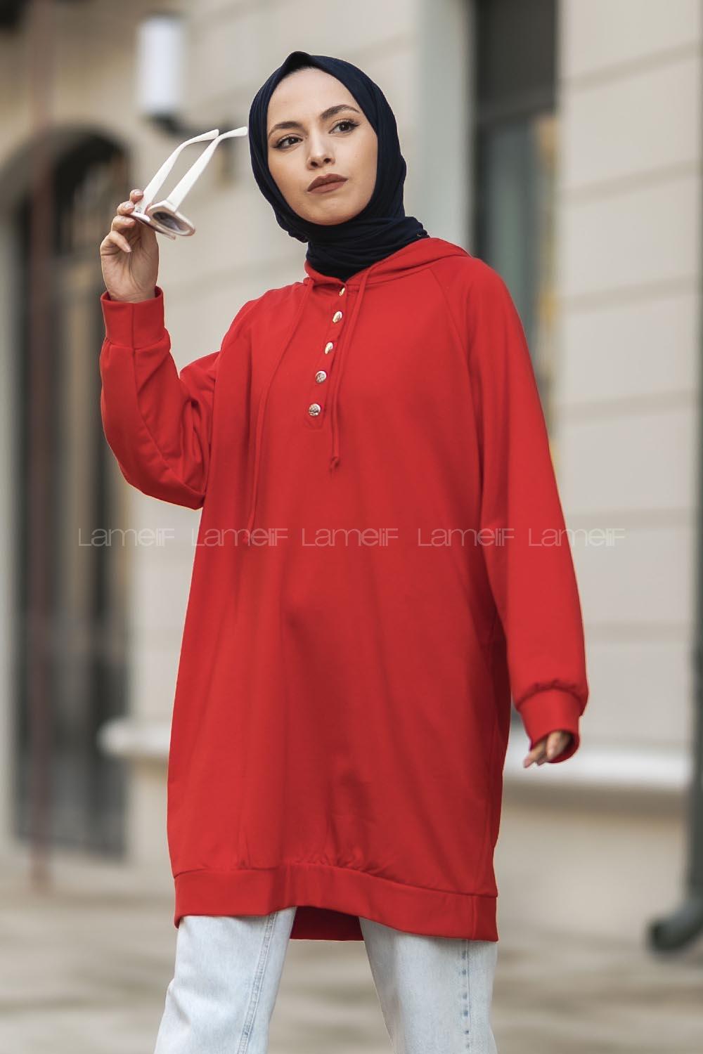 Modalamelif Kapüşonlu Yarım Çıtçıt Düğmeli Tunik Kırmızı