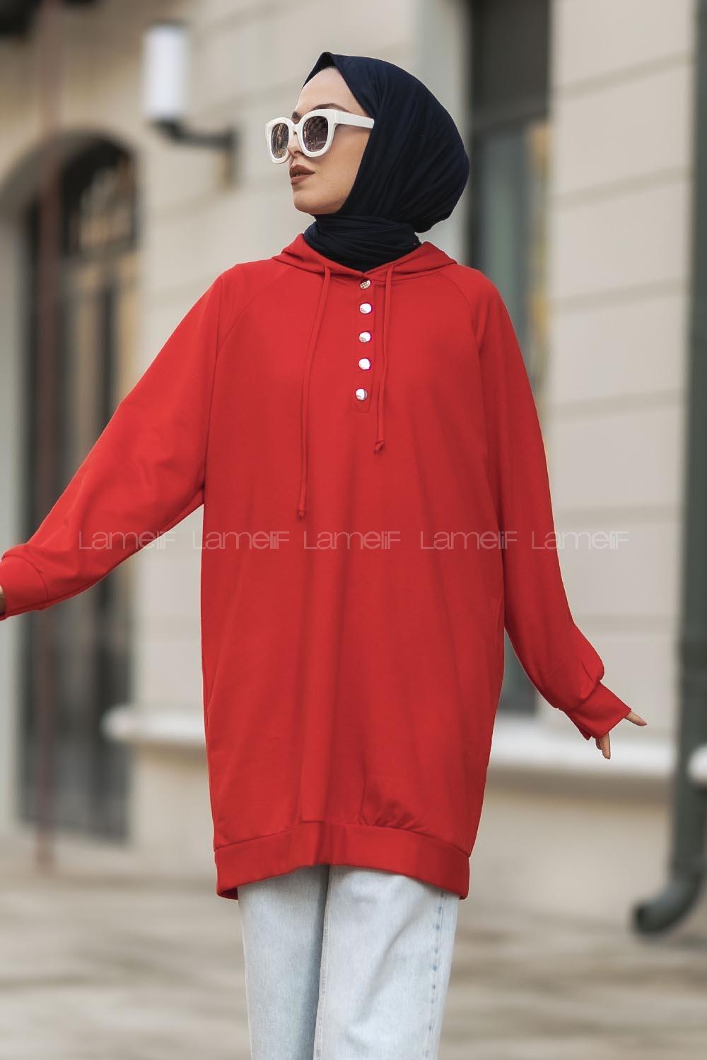 Modalamelif Kapüşonlu Yarım Çıtçıt Düğmeli Tunik Kırmızı