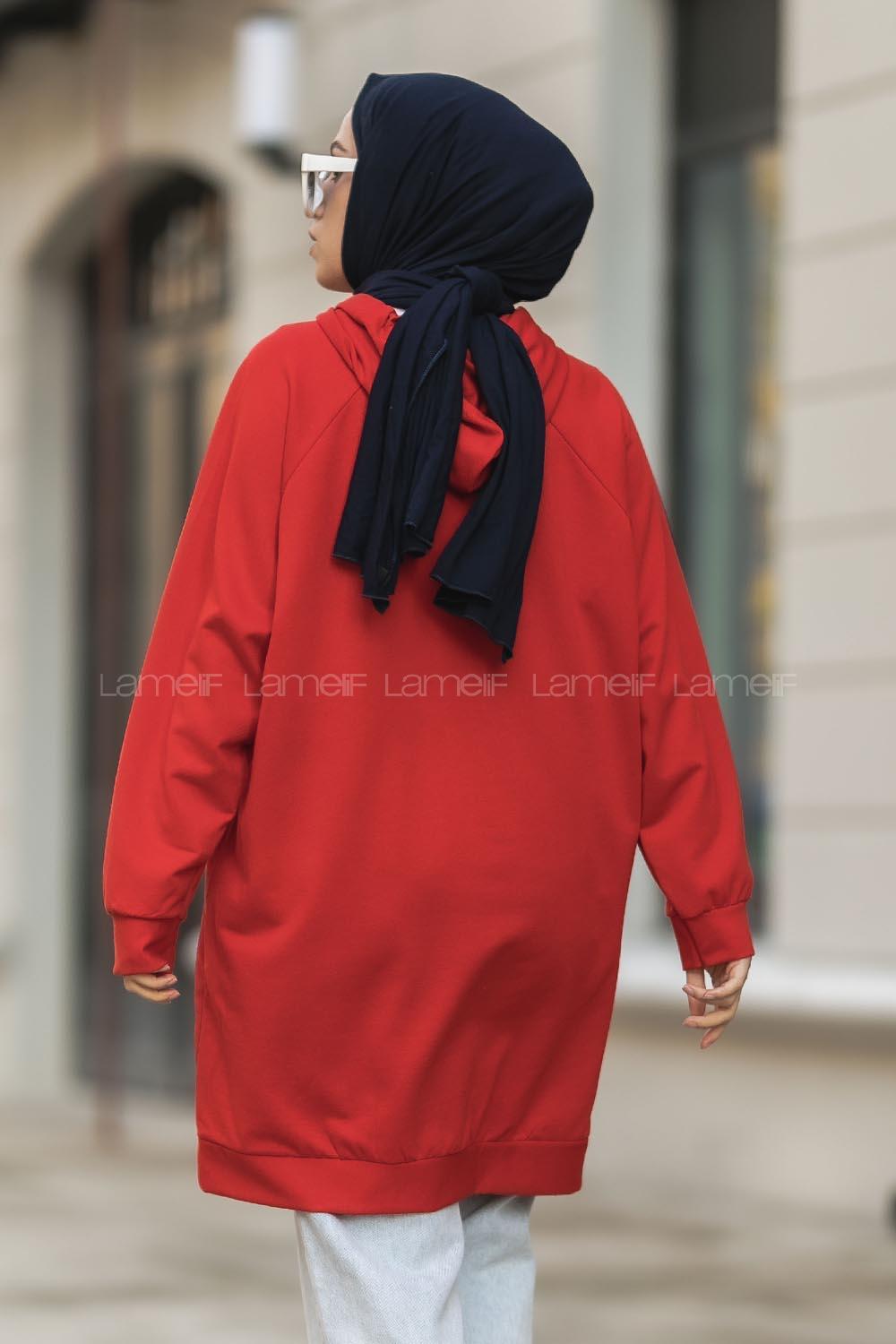 Modalamelif Kapüşonlu Yarım Çıtçıt Düğmeli Tunik Kırmızı