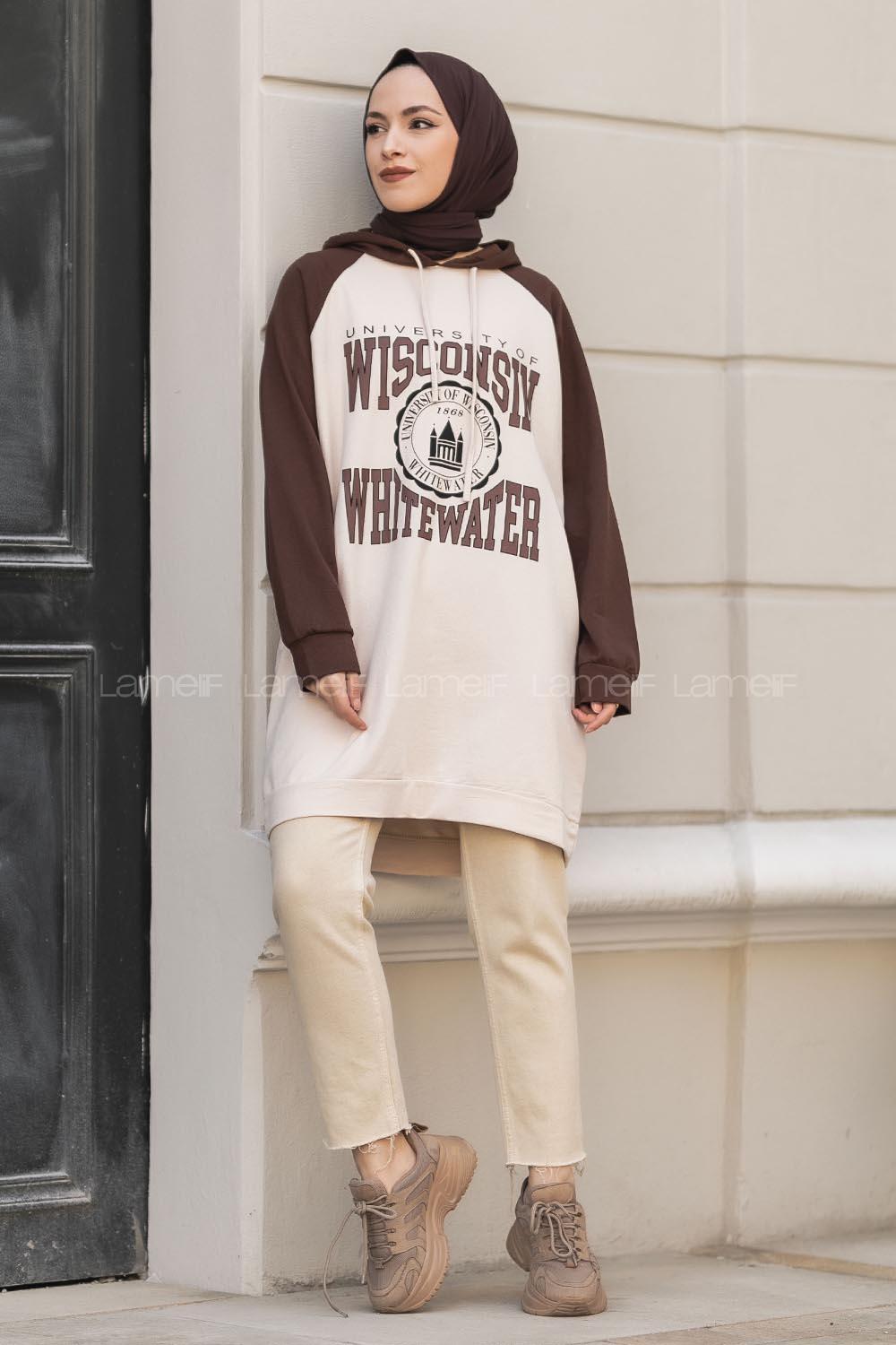 Modalamelif Kapüşonlu Yazı Baskılı Renk Garnili Detaylı Tunik Acıkahve-Krem