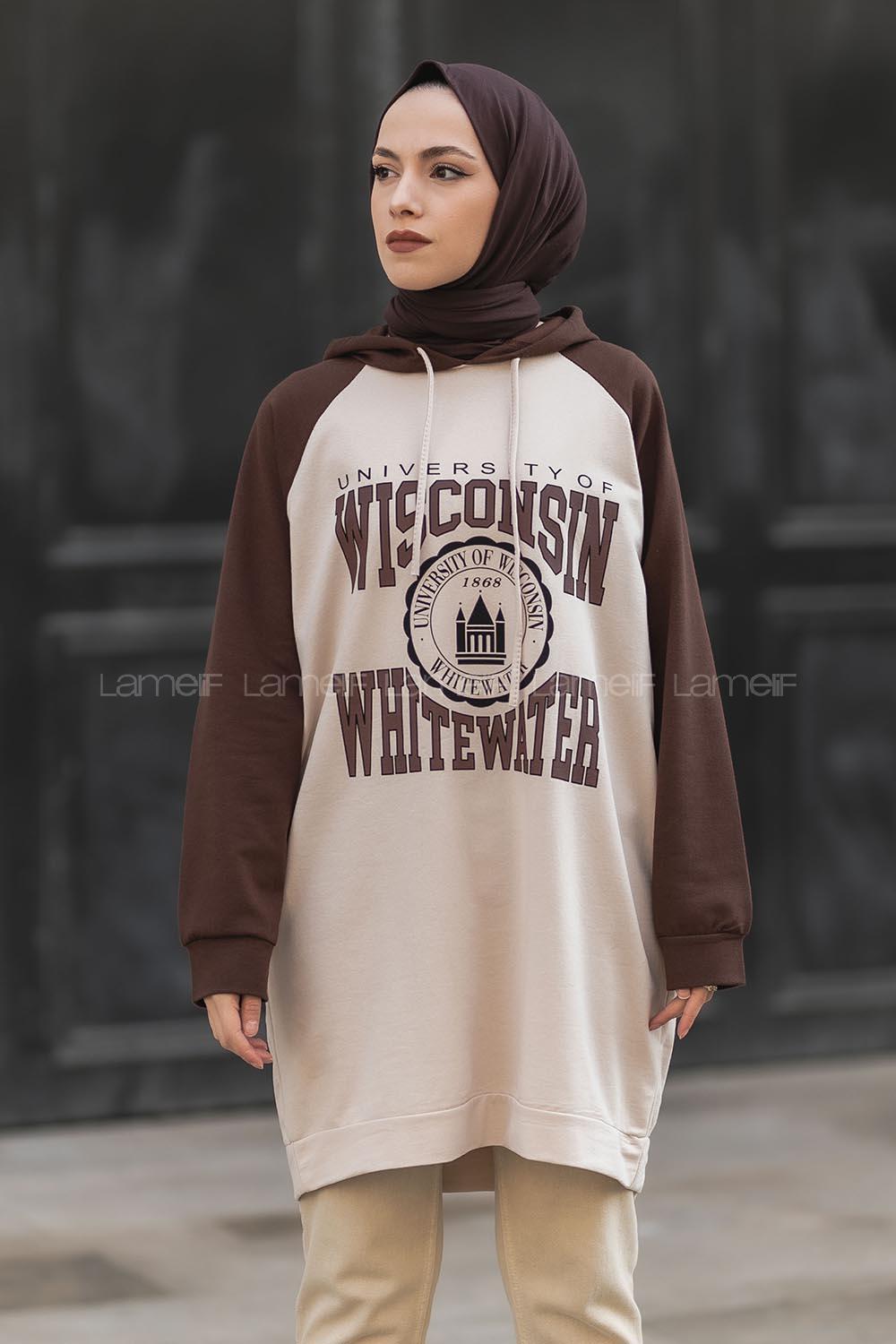 Modalamelif Kapüşonlu Yazı Baskılı Renk Garnili Detaylı Tunik Acıkahve-Krem